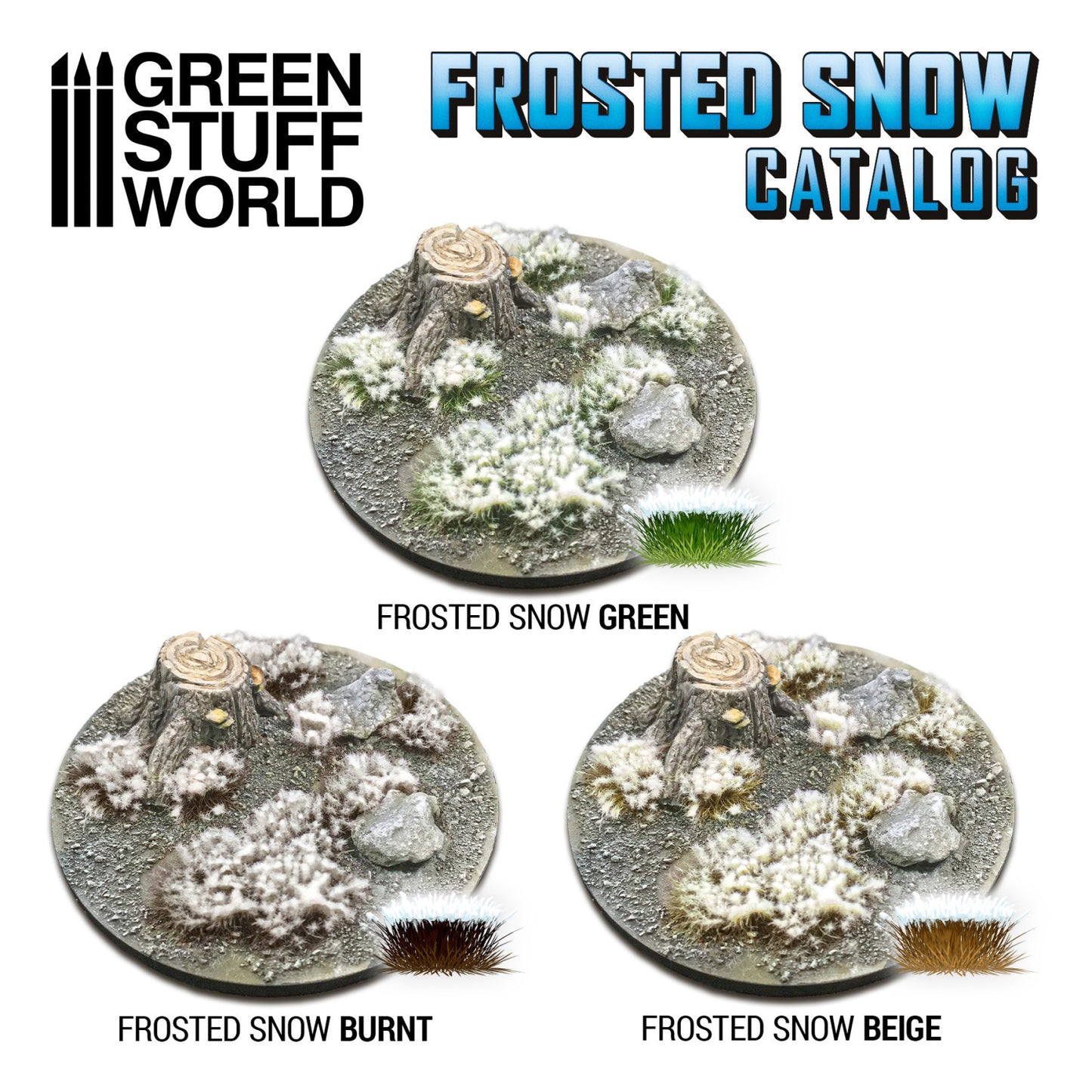 Frosted Snow Tufts 6mm Green Stuff World - katalog serii Frosted Snow: Green, Burnt, Beige – porównanie kolorów na okrągłych podstawkach z pniakiem i kamieniami
