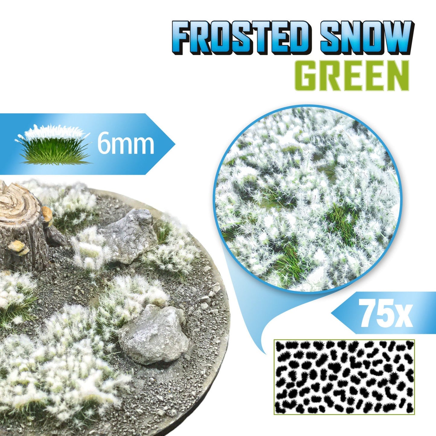 Frosted Snow Tufts 6mm Green Green Stuff World - kępki zielonej trawy pokrytej szronem na okrągłej podstawce z kamieniami i pniakiem, zbliżenie na teksturę włókien i układ 75 sztuk na arkuszu
