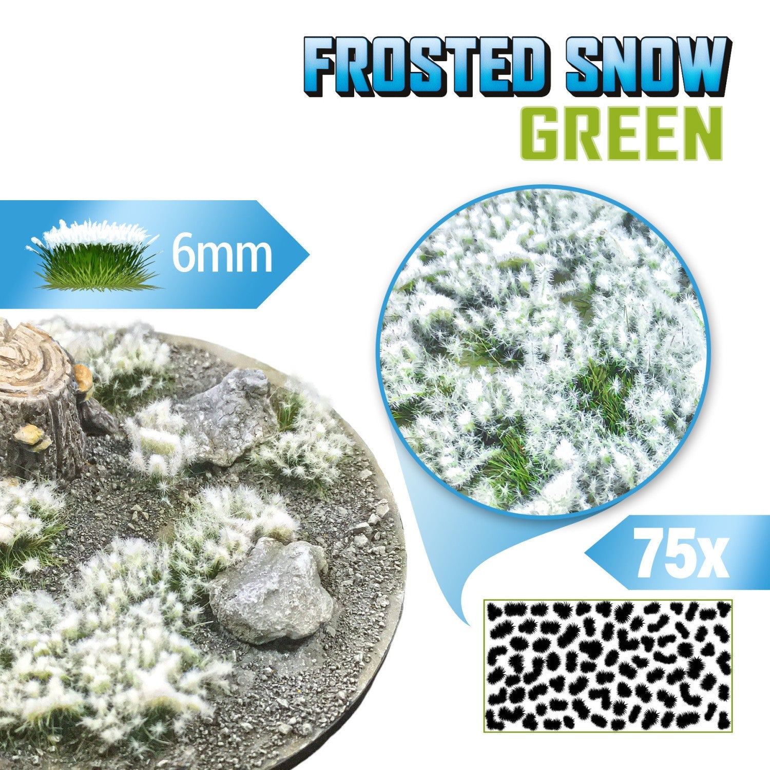 Frosted Snow Tufts 6mm Green Green Stuff World - kępki zielonej trawy pokrytej szronem na okrągłej podstawce z kamieniami i pniakiem, zbliżenie na teksturę włókien i układ 75 sztuk na arkuszu
