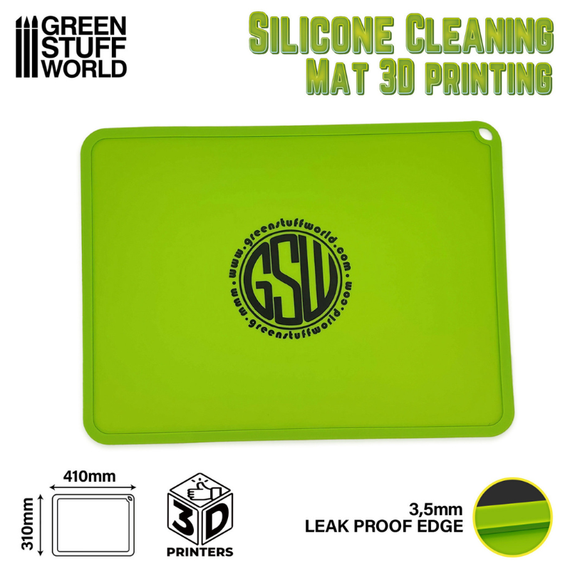 Silicone Cleaning Mat 410x310mm - infografika: wymiary 410x310mm, krawędź 3,5mm leak proof, logo GSW | Green Stuff World
