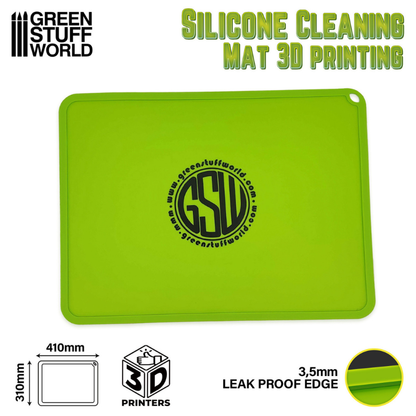 Silicone Cleaning Mat 410x310mm - infografika: wymiary 410x310mm, krawędź 3,5mm leak proof, logo GSW | Green Stuff World
