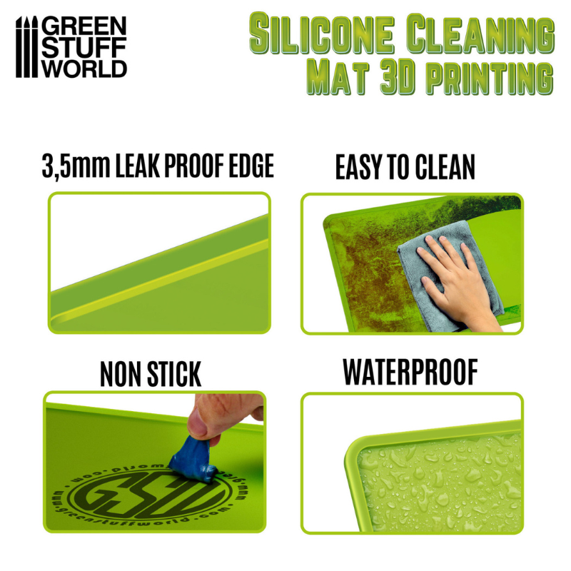 Silicone Cleaning Mat 410x310mm - infografika: krawędź 3,5mm, easy to clean, non-stick, waterproof | Green Stuff World
