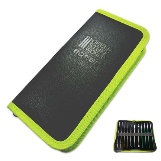 Premium Leather Case for Tools and Brushes Green Stuff World - widok izometryczny złożonego futerału z miniaturką rozłożonego
