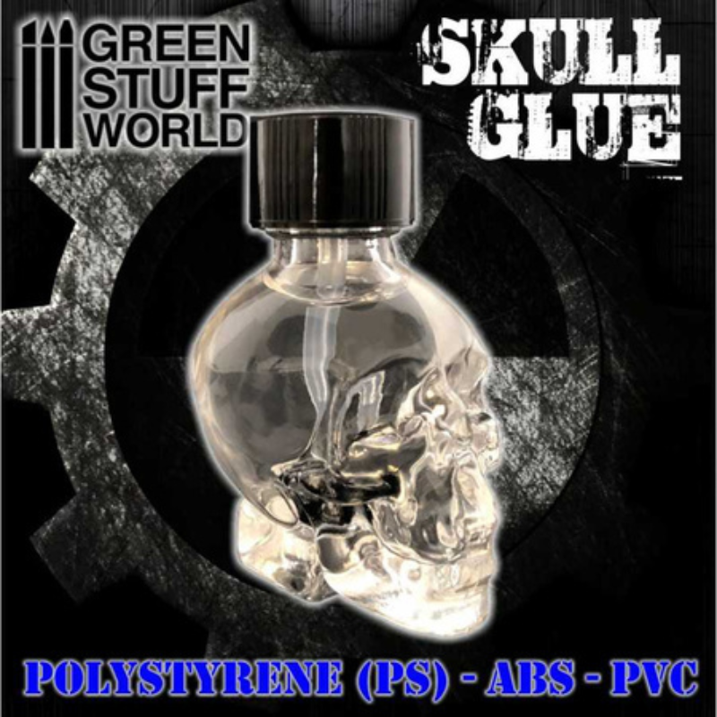 SkullGlue Cement 15ml Green Stuff World – butelka w kształcie czaszki z logo GSW i napisem Skull Glue, do polystyrenu ABS i PVC
