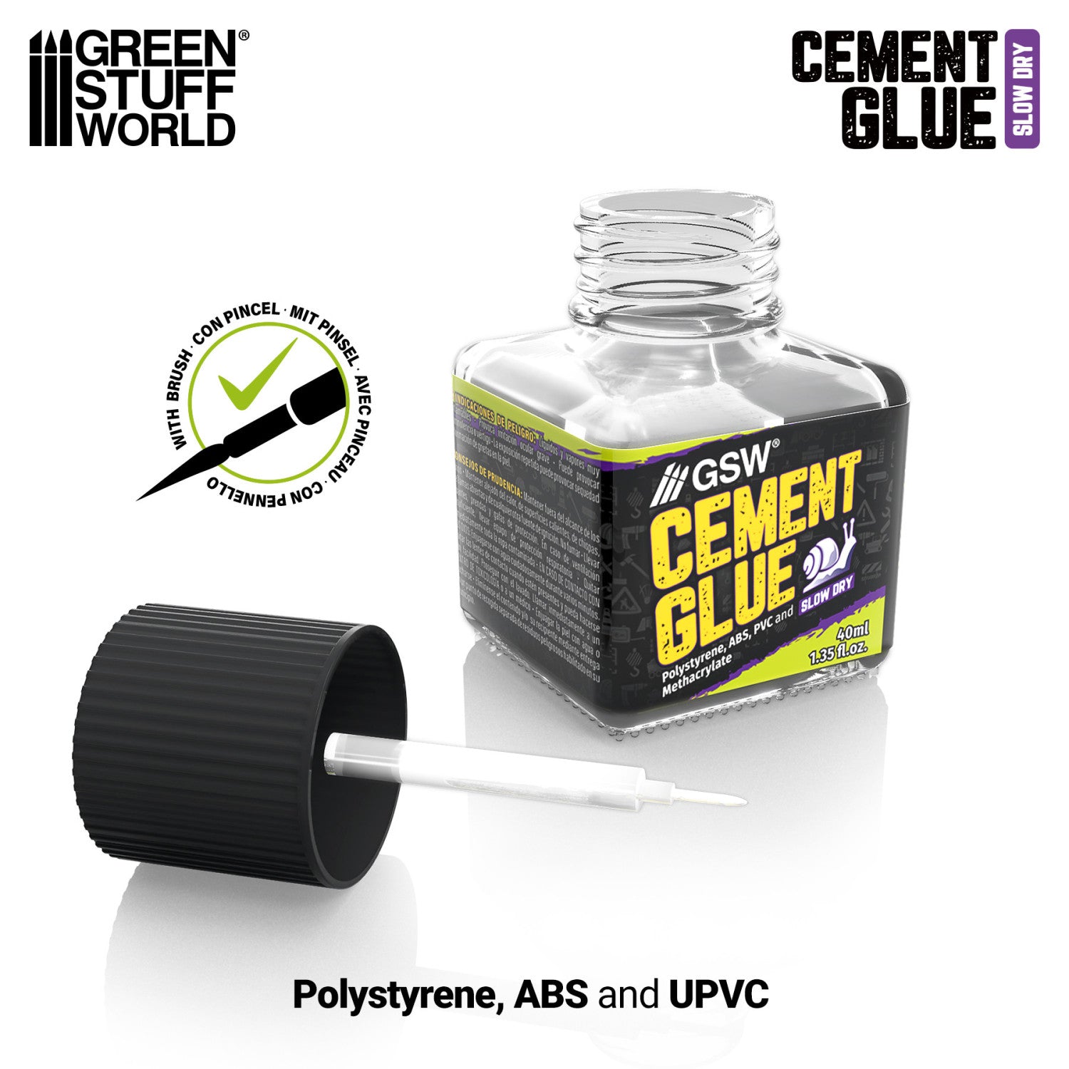 Green Stuff World Cement Glue Slow Dry 5825 – słoiczek 40ml z odkręconą nakrętką i widocznym ultracienkim pędzelkiem aplikatorem, ikona aplikacji pędzelkiem
