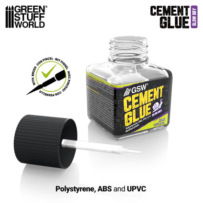 Green Stuff World Cement Glue Slow Dry 5825 – słoiczek 40ml z odkręconą nakrętką i widocznym ultracienkim pędzelkiem aplikatorem, ikona aplikacji pędzelkiem

