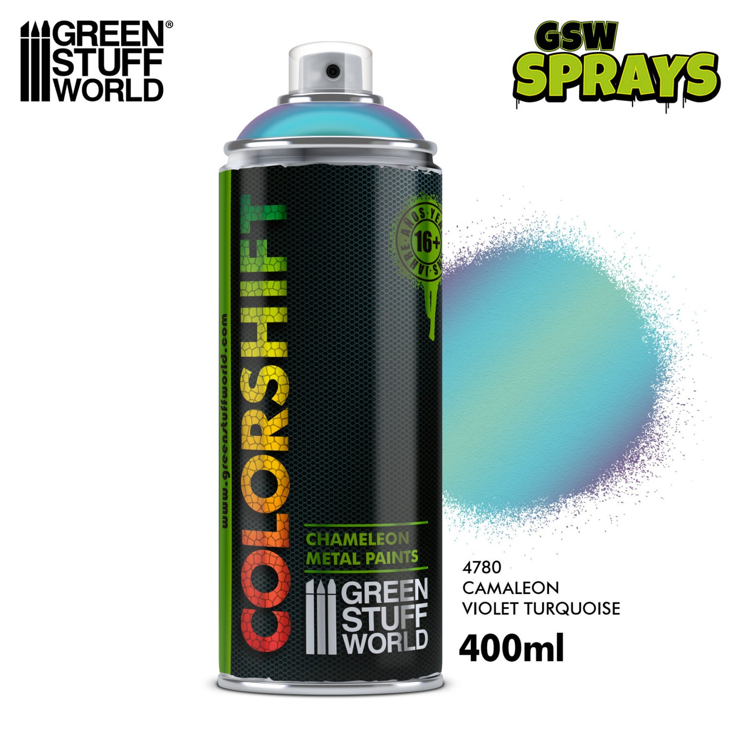 Green Stuff World Colorshift Chameleon Spray 4780 Violet Turquoise – puszka 400ml z etykietą Camaleon Violet Turquoise i próbką efektu zmiany kolorów fiolet-turkus, seria GSW Sprays, Green Stuff World
