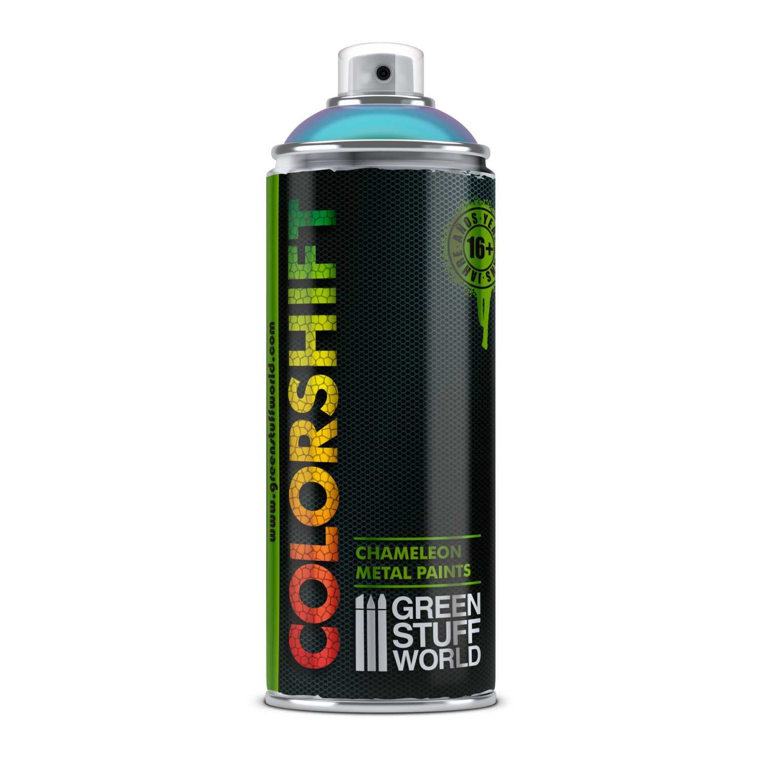 Green Stuff World Colorshift Chameleon Spray 4780 Violet Turquoise – puszka 400ml widok z boku, etykieta Colorshift Chameleon Metal Paints, oznaczenie 16+, Green Stuff World
