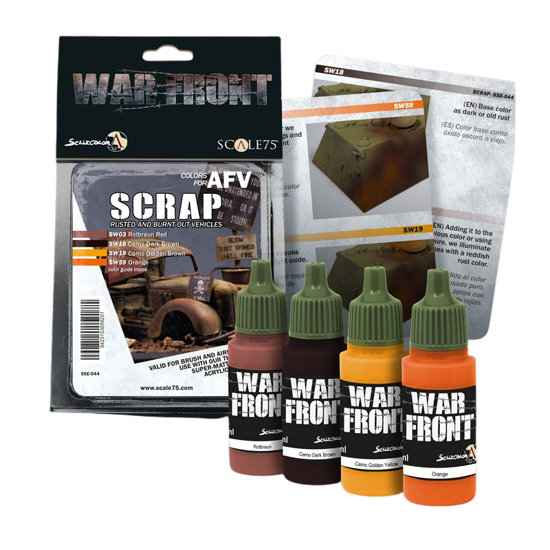 Scale 75 Scrap Paint Set SSE-044 – zestaw 4 farb akrylowych WarFront do zardzewiałych i spalonych pojazdów, z instruktażem malowania
