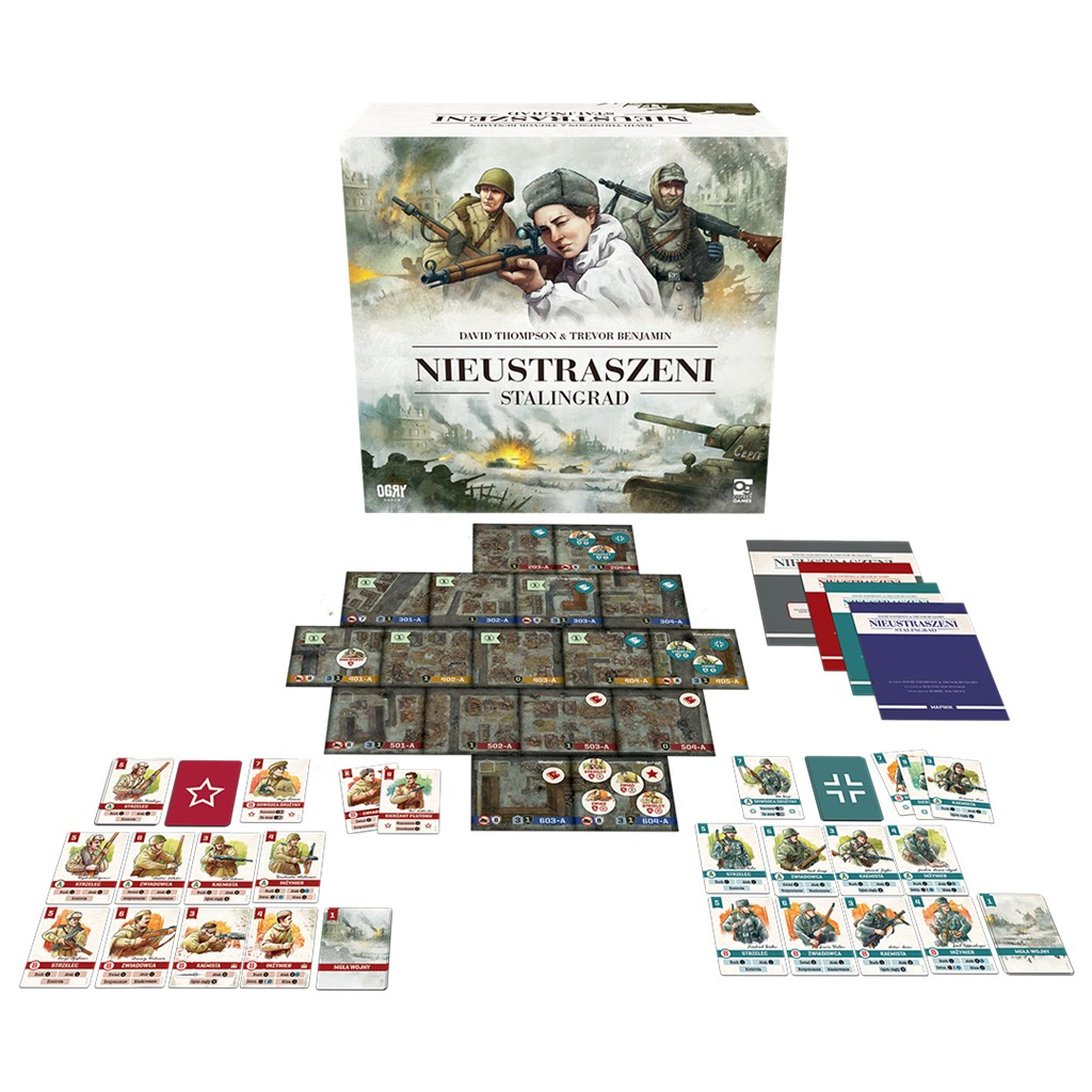 Nieustraszeni: Stalingrad – pełna zawartość zestawu: karty, kafle mapy, żetony, kości, książki scenariuszy