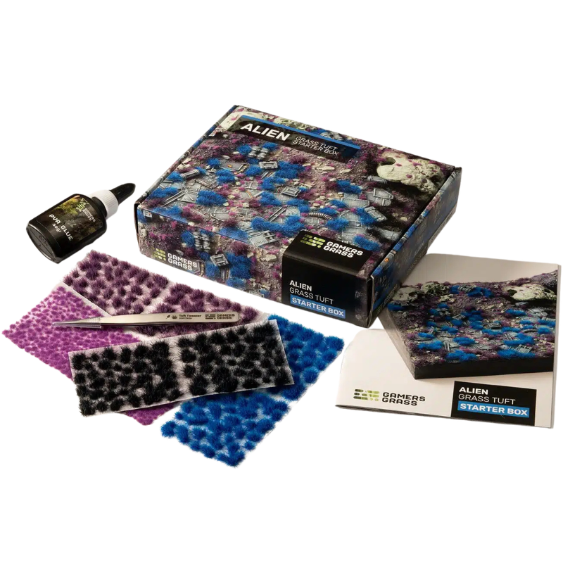 Alien Grass Tuft Starter Box Gamers Grass – zawartość: 4 arkusze tuftów Alien Blue, Void, Purple, Tiny Purple + klej PVA i pudełko zestawu
