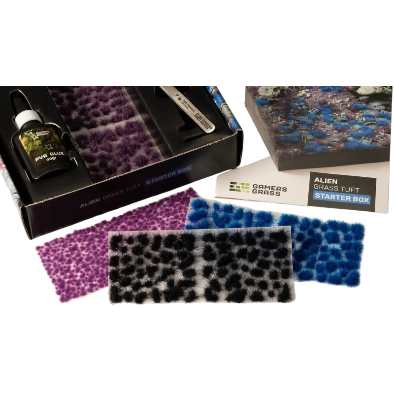 Alien Grass Tuft Starter Box Gamers Grass GGSB-A – widok scenografii sci-fi z niebieskimi i fioletowymi tuftami alien na stole do gry Warhammer 40k
