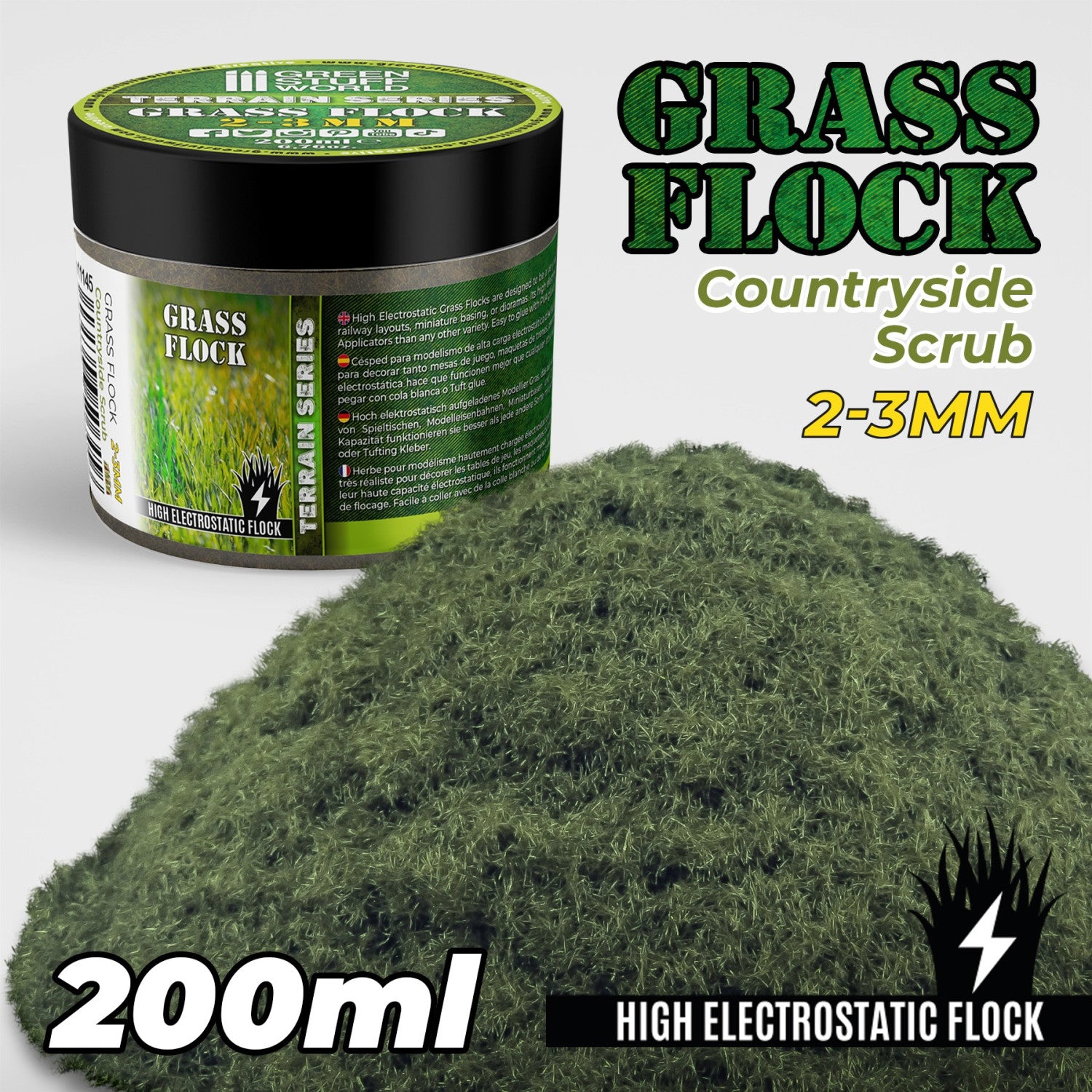 Static Grass Flock 2-3mm Countryside Scrub 200ml Green Stuff World - trawa elektrostatyczna do podstawek miniatur i dioram