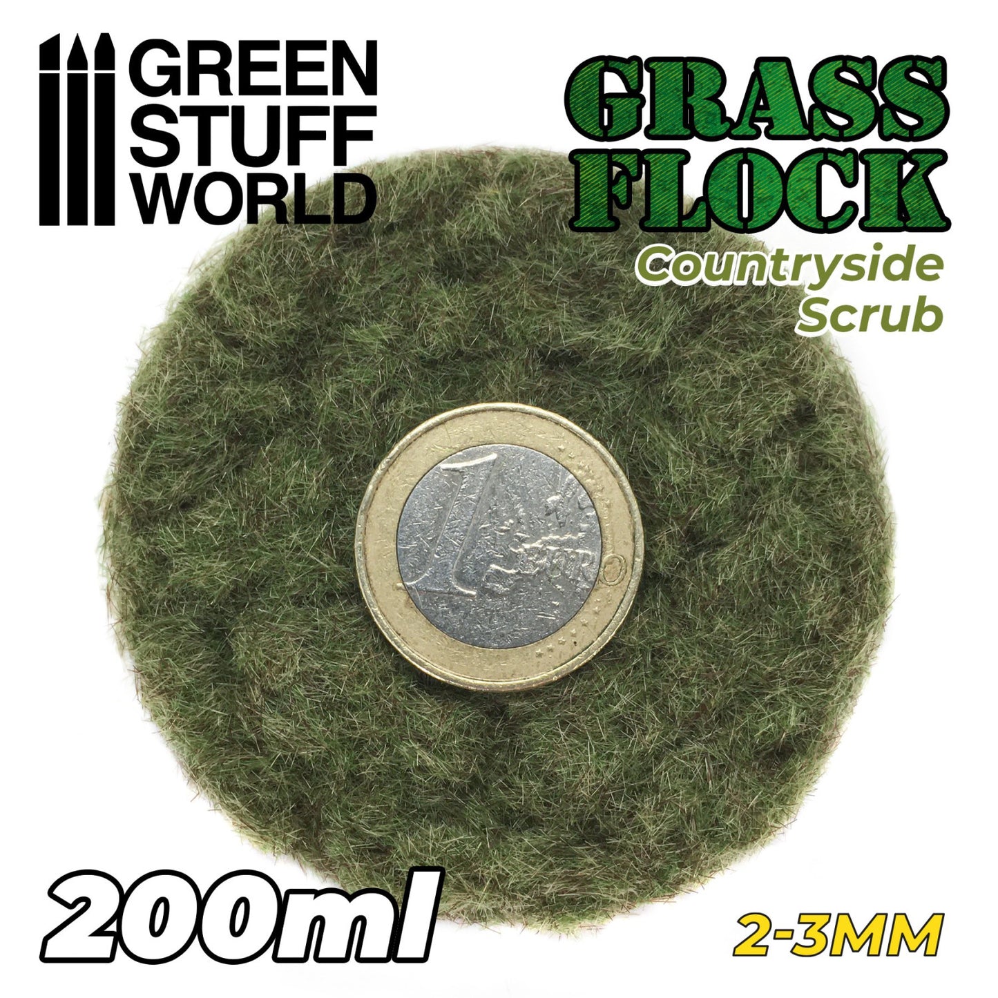 Static Grass Flock 2-3mm Countryside Scrub 200ml Green Stuff World - zbliżenie na włókna trawy elektrostatycznej