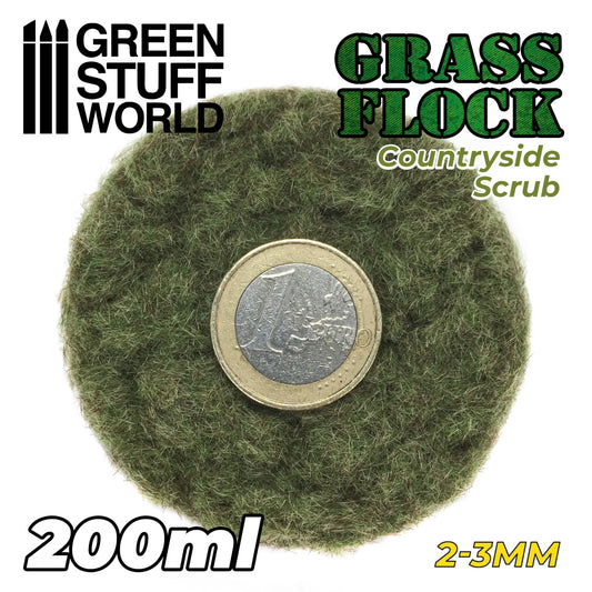Static Grass Flock 2-3mm Countryside Scrub 200ml Green Stuff World - zbliżenie na włókna trawy elektrostatycznej