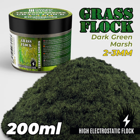 Static Grass Flock 2-3mm Dark Green Marsh 200ml Green Stuff World - ciemna trawa elektrostatyczna do bagiennych podstawek miniatur i dioram