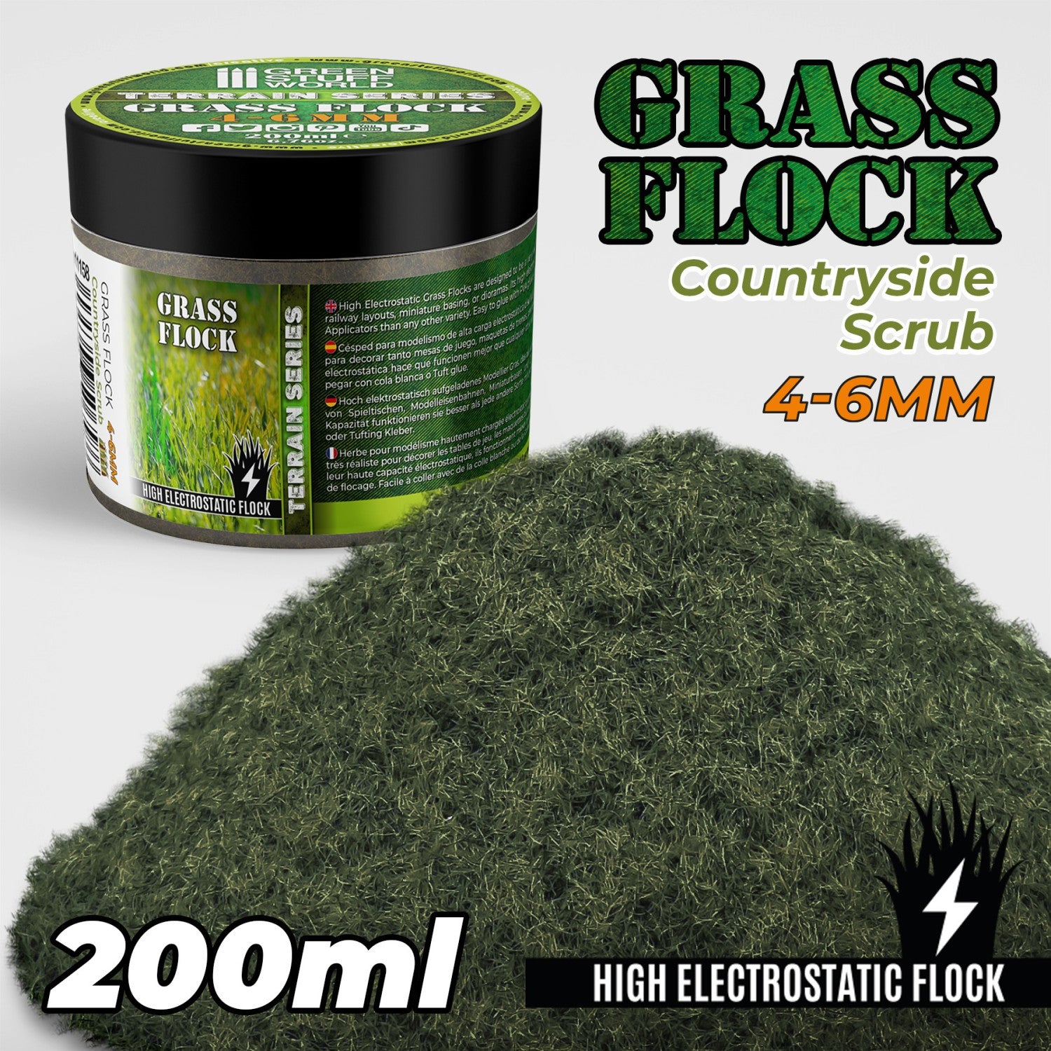 Static Grass Flock 4-6mm Countryside Scrub 200ml Green Stuff World - dłuższa trawa elektrostatyczna do podstawek miniatur i dioram