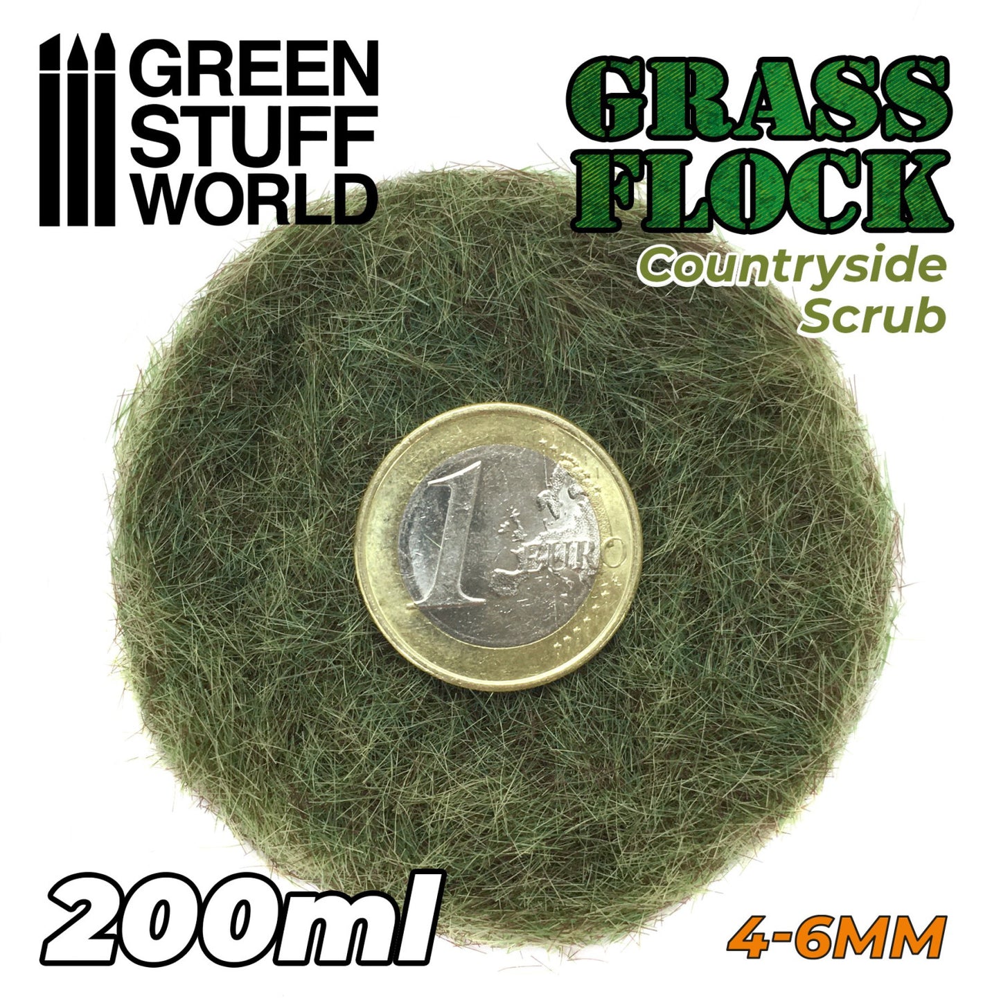 Static Grass Flock 4-6mm Countryside Scrub 200ml Green Stuff World - zbliżenie na włókna trawy elektrostatycznej z monetą euro