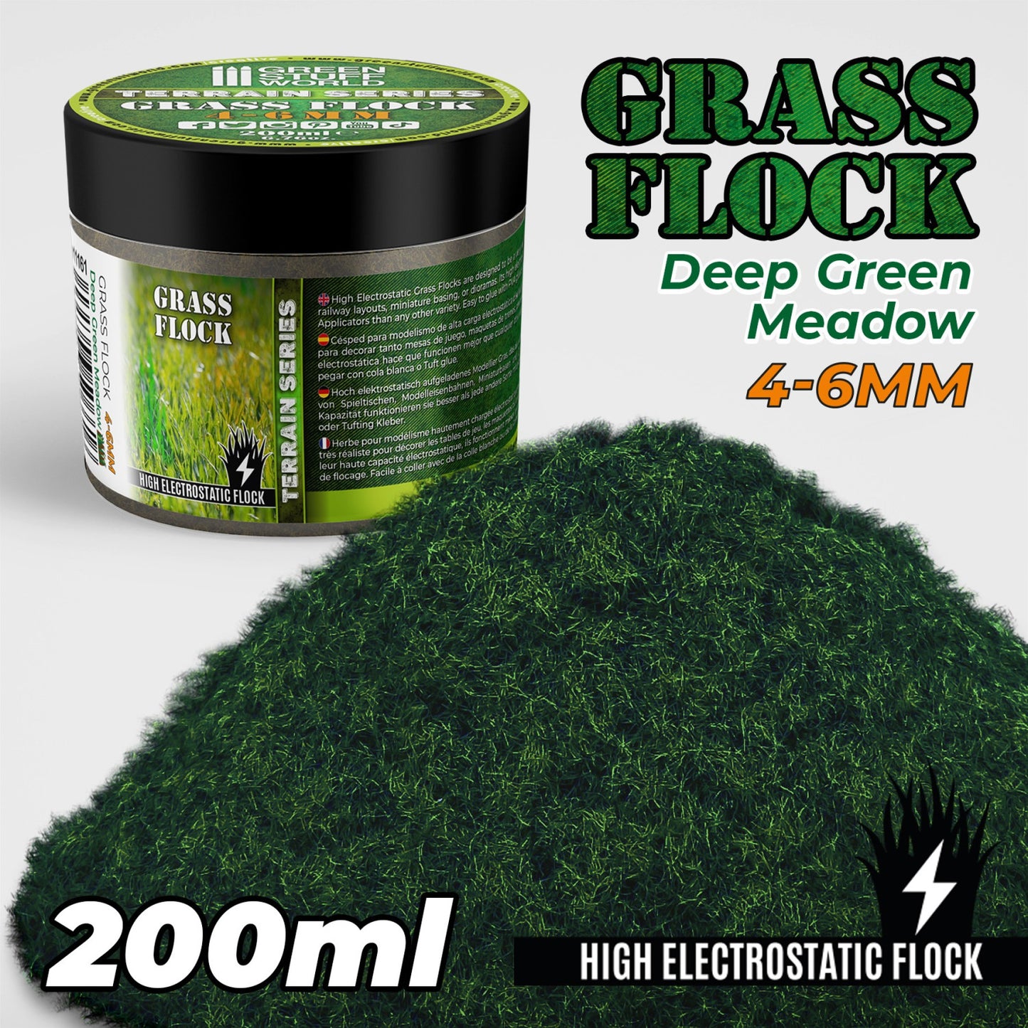 Static Grass Flock 4-6mm Deep Green Meadow 200ml Green Stuff World - dłuższa trawa elektrostatyczna do podstawek miniatur i dioram