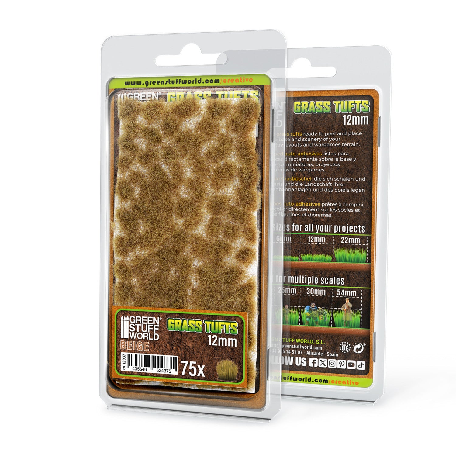 Grass Tufts 12mm Beige Green Stuff World - opakowanie blister 75 sztuk, widok z przodu i tyłu z opisem rozmiarów 6mm 12mm 22mm i skal 25mm 30mm 54mm
