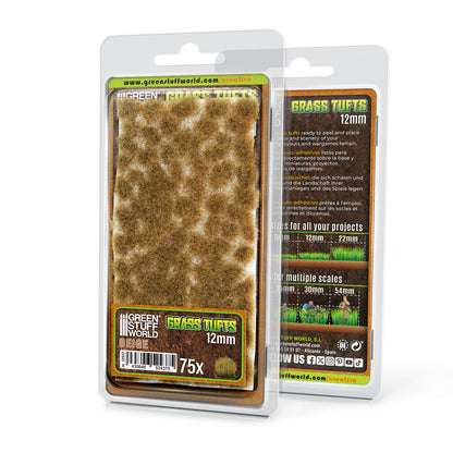 Grass Tufts 12mm Beige Green Stuff World - opakowanie blister 75 sztuk, widok z przodu i tyłu z opisem rozmiarów 6mm 12mm 22mm i skal 25mm 30mm 54mm
