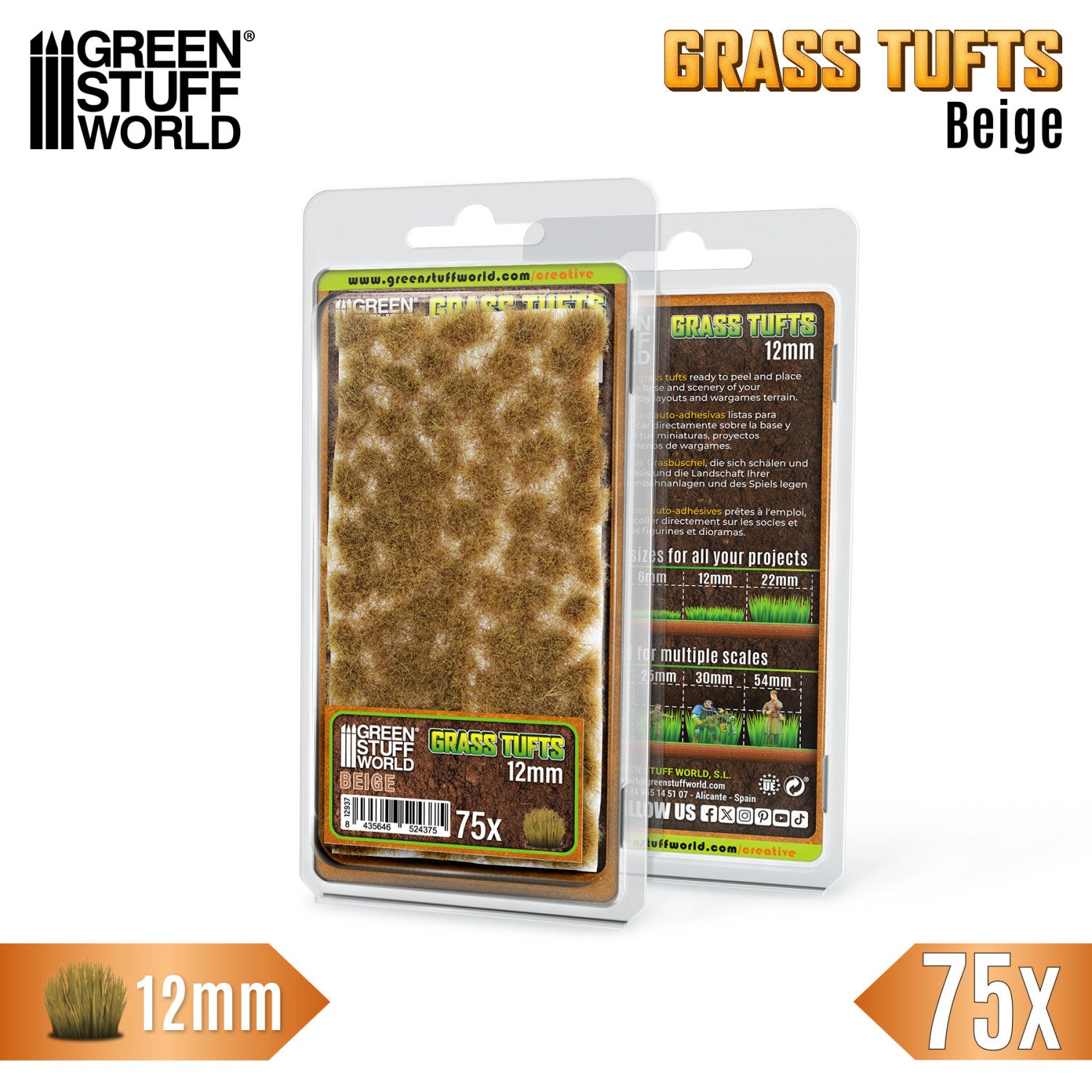 Grass Tufts 12mm Beige Green Stuff World - opakowanie blister 75 sztuk z opisem rozmiarów 6mm 12mm 22mm i skal 25mm 30mm 54mm, widok z przodu i tyłu

