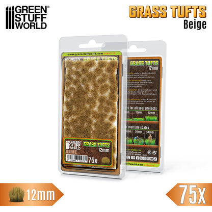 Grass Tufts 12mm Beige Green Stuff World - opakowanie blister 75 sztuk z opisem rozmiarów 6mm 12mm 22mm i skal 25mm 30mm 54mm, widok z przodu i tyłu
