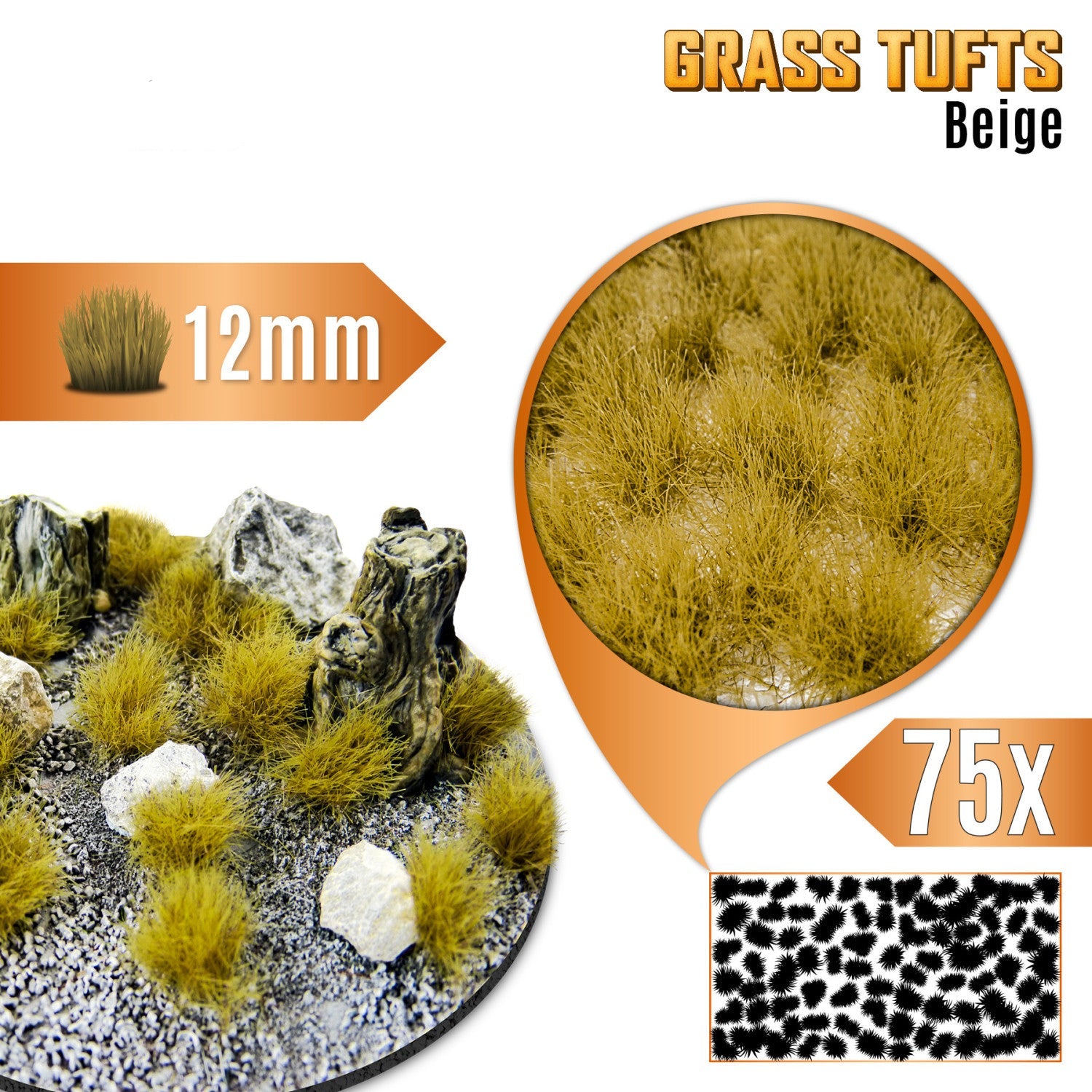 Grass Tufts 12mm Beige Green Stuff World - kępki beżowej trawy na okrągłej podstawce z kamieniami i pniakami, zbliżenie na teksturę włókien i układ 75 sztuk na arkuszu
