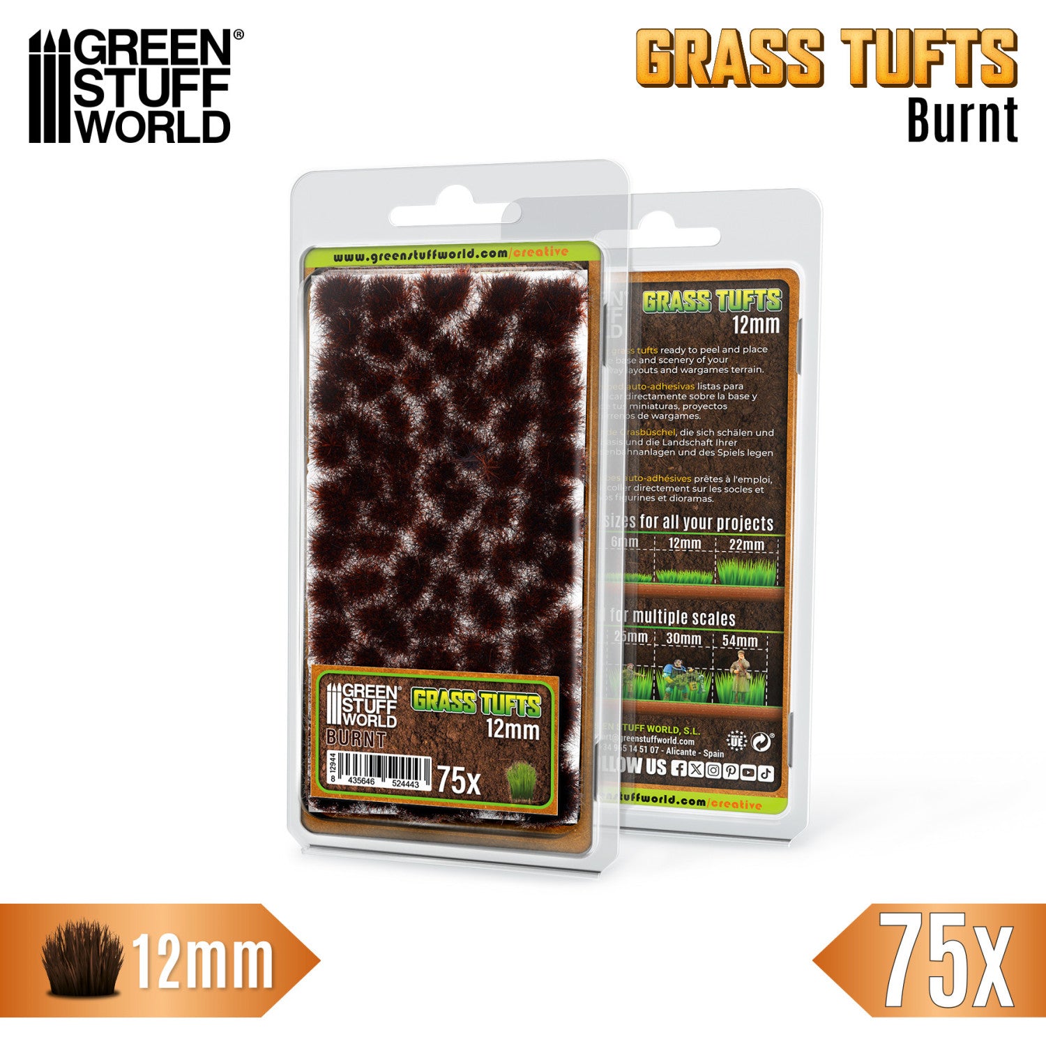 Grass Tufts 12mm Burnt Brown Green Stuff World - opakowanie blister 75 sztuk z opisem rozmiarów 6mm 12mm 22mm i skal 25mm 30mm 54mm, widok z przodu i tyłu
