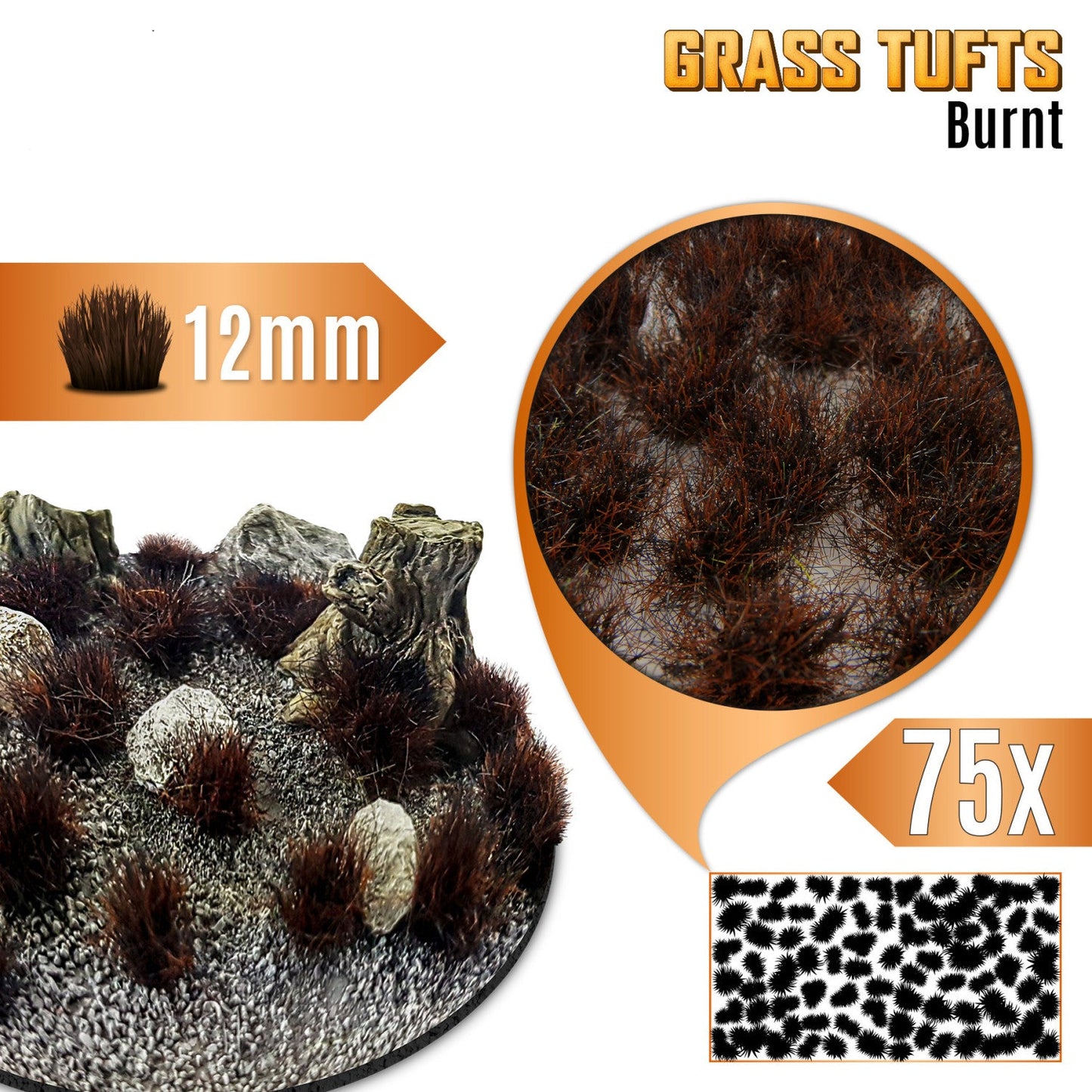 Grass Tufts 12mm Burnt Brown Green Stuff World - kępki spalonej trawy na dioramie z kamieniami i pniakami, zbliżenie na teksturę włókien i układ 75 sztuk na arkuszu

