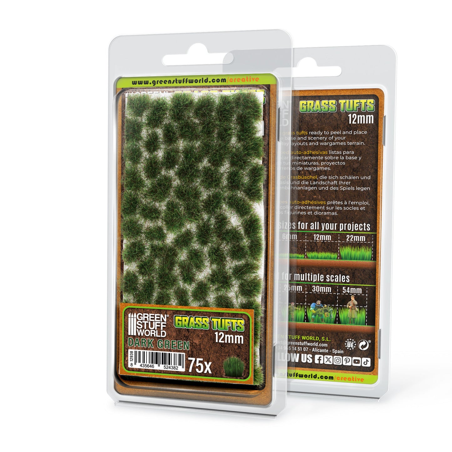 Grass Tufts 12mm Dark Green Green Stuff World - opakowanie blister 75 sztuk, widok z przodu i tyłu z opisem rozmiarów i skal
