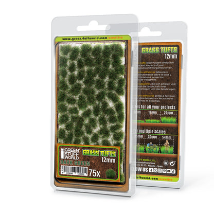 Grass Tufts 12mm Dark Green Green Stuff World - opakowanie blister 75 sztuk, widok z przodu i tyłu z opisem rozmiarów i skal
