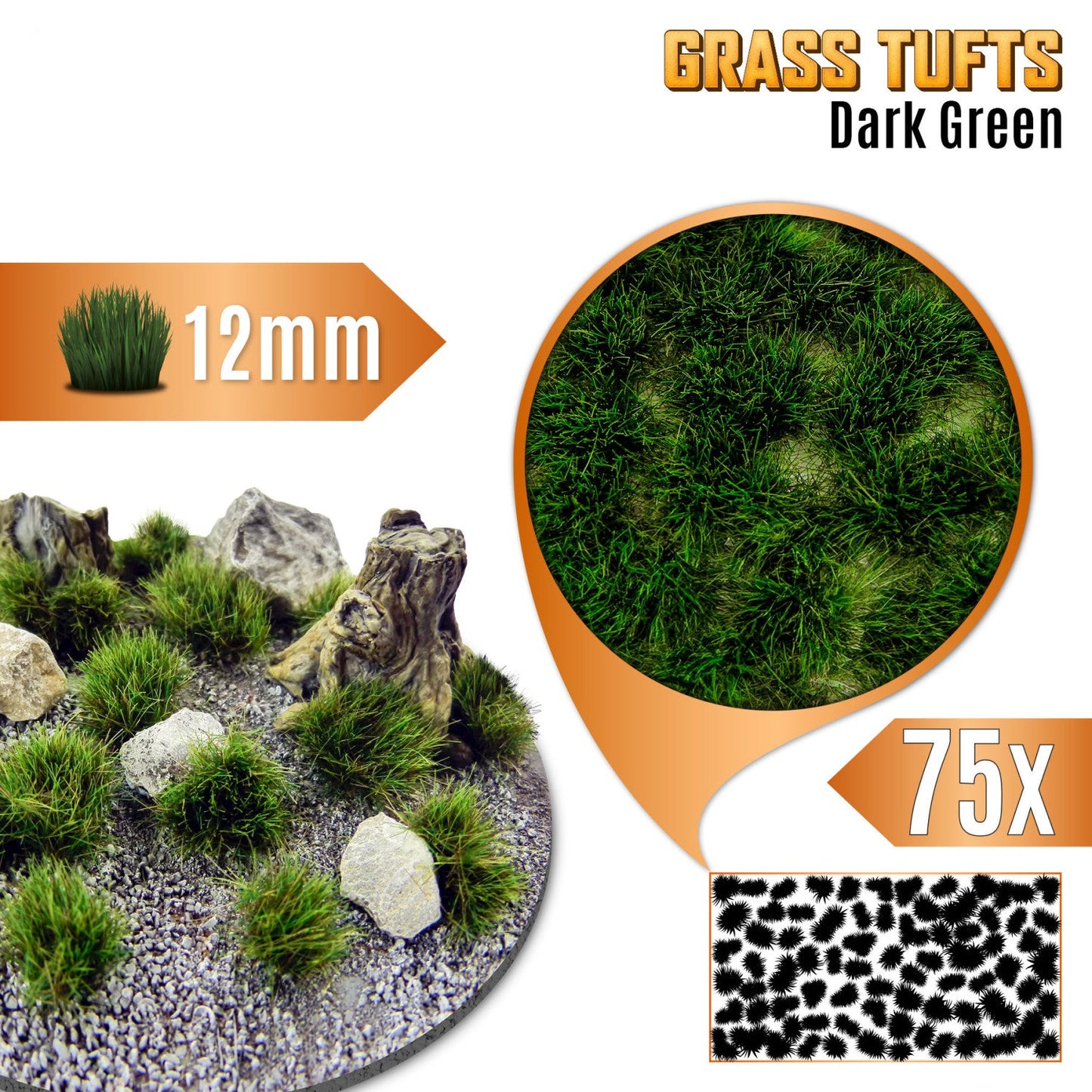 Grass Tufts 12mm Dark Green Green Stuff World - kępki trawy na dioramie z kamieniami i pniakami, zbliżenie na teksturę włókien i układ 75 sztuk na arkuszu
