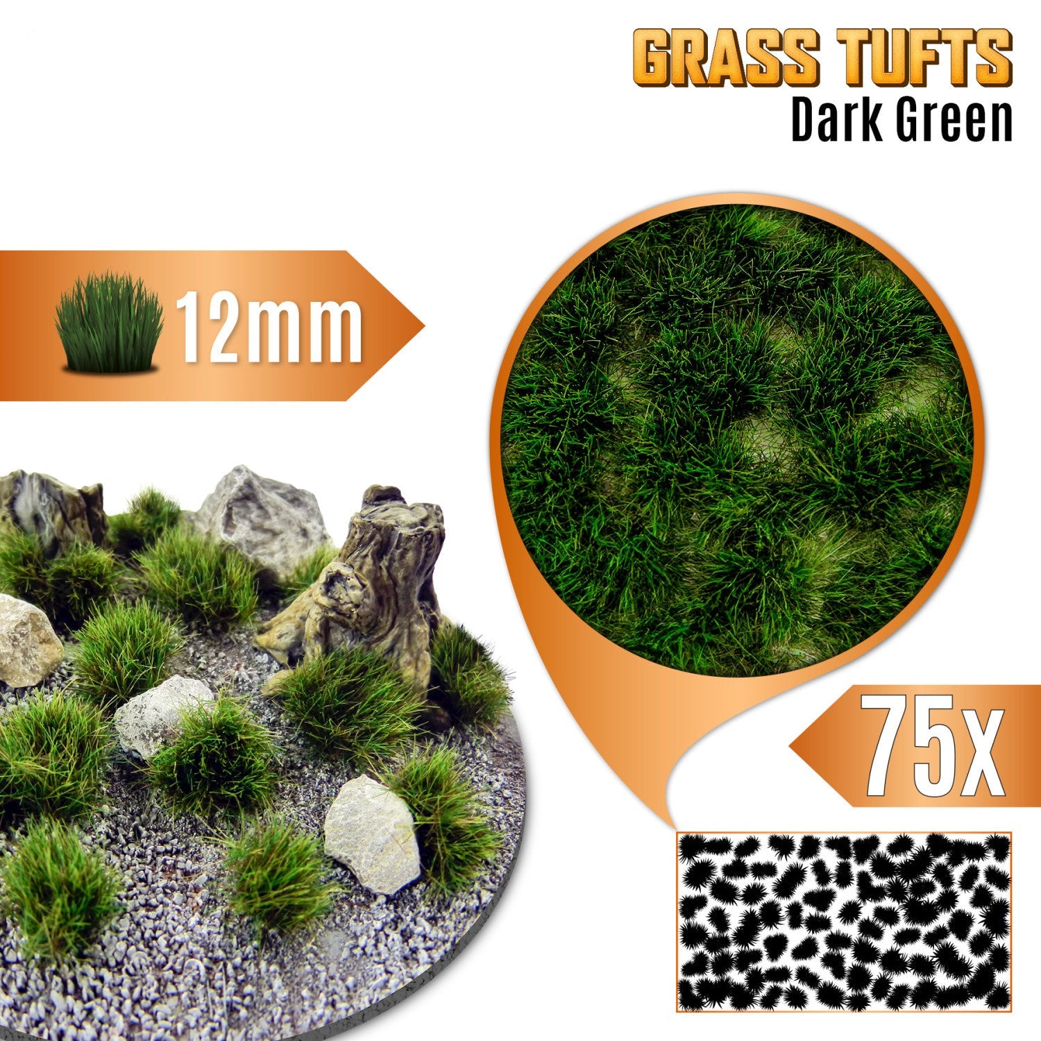 Grass Tufts 12mm Dark Green Green Stuff World - kępki trawy na dioramie z kamieniami i pniakami, zbliżenie na teksturę włókien i układ 75 sztuk na arkuszu
