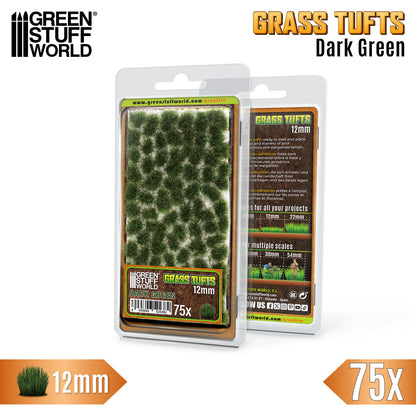 Grass Tufts 12mm Dark Green Green Stuff World - opakowanie blister 75 sztuk z opisem rozmiarów 6mm 12mm 22mm i skal 25mm 30mm 54mm
