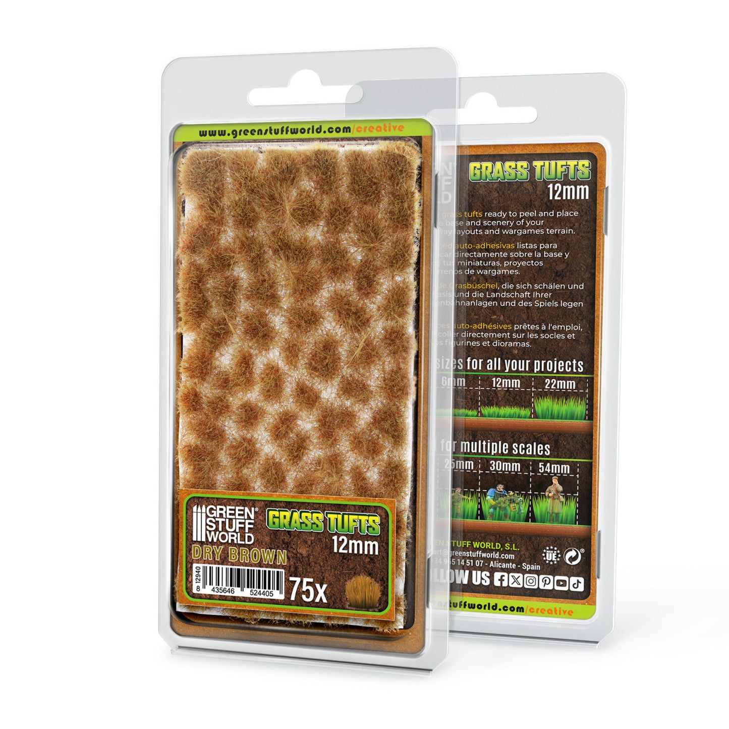 Grass Tufts 12mm Dry Brown Green Stuff World - opakowanie blister 75 sztuk, widok z przodu i tyłu z opisem rozmiarów 6mm 12mm 22mm i skal 25mm 30mm 54mm
