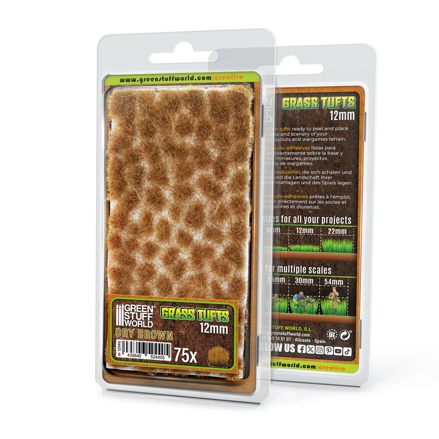 Grass Tufts 12mm Dry Brown Green Stuff World - opakowanie blister 75 sztuk, widok z przodu i tyłu z opisem rozmiarów 6mm 12mm 22mm i skal 25mm 30mm 54mm

