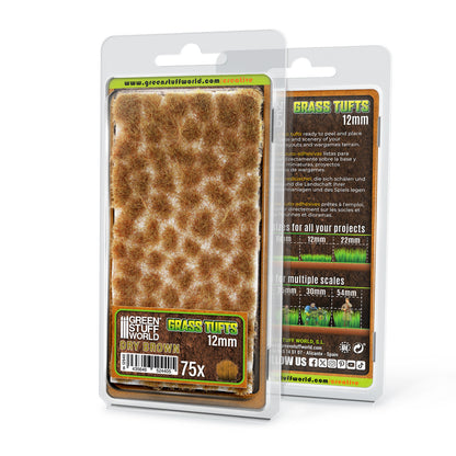 Grass Tufts 12mm Dry Brown Green Stuff World - opakowanie blister 75 sztuk, widok z przodu i tyłu z opisem rozmiarów 6mm 12mm 22mm i skal 25mm 30mm 54mm
