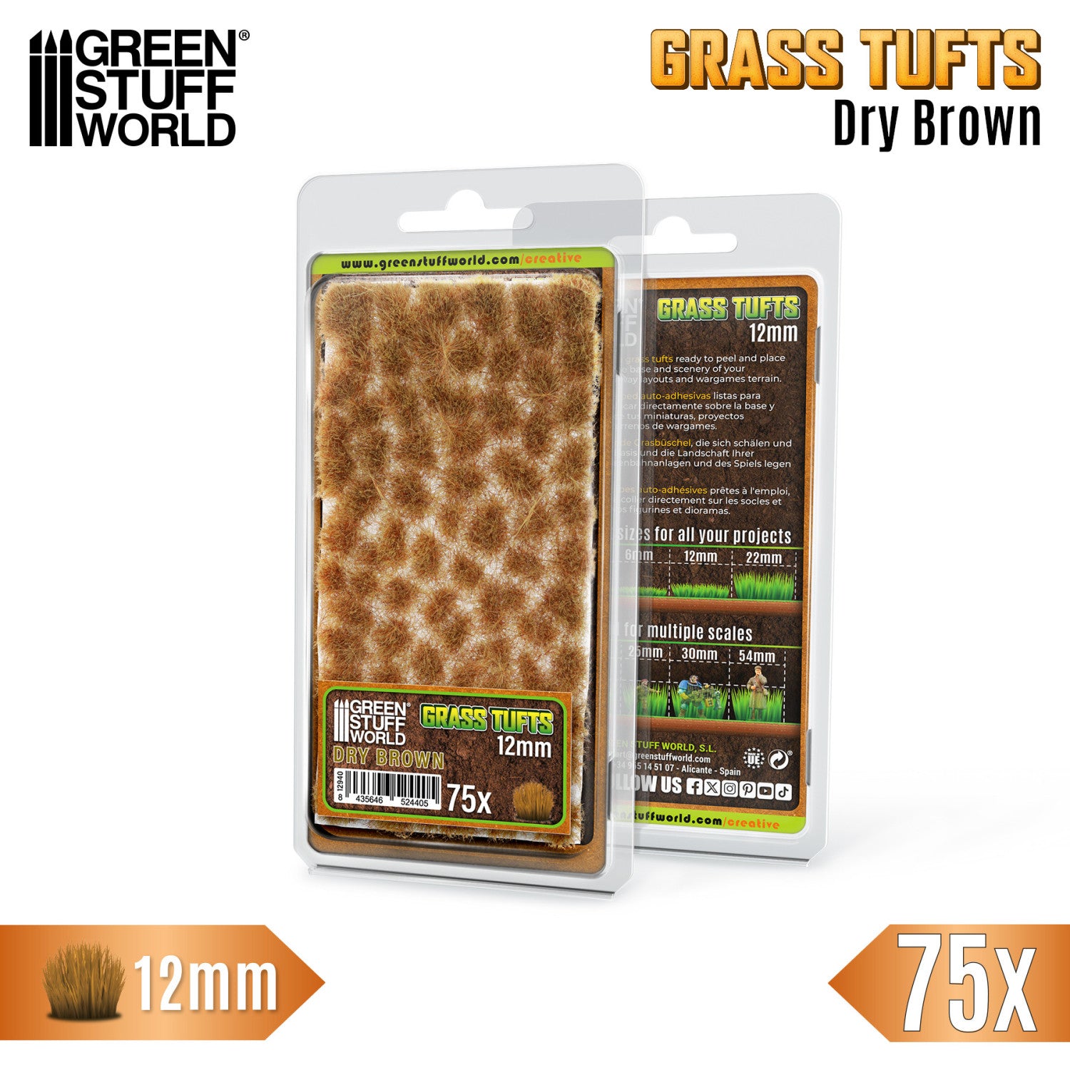 Grass Tufts 12mm Dry Brown Green Stuff World - opakowanie blister 75 sztuk z opisem rozmiarów 6mm 12mm 22mm i skal 25mm 30mm 54mm, widok z przodu i tyłu
