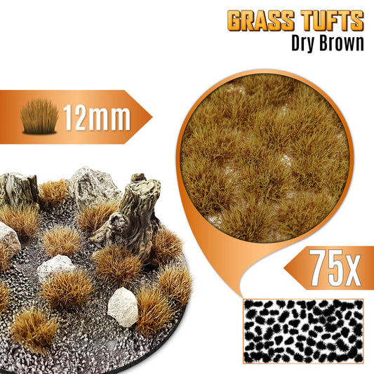 Grass Tufts 12mm Dry Brown Green Stuff World - kępki suchej brązowej trawy na okrągłej podstawce z kamieniami i pniakami, zbliżenie na teksturę włókien i układ 75 sztuk na arkuszu
