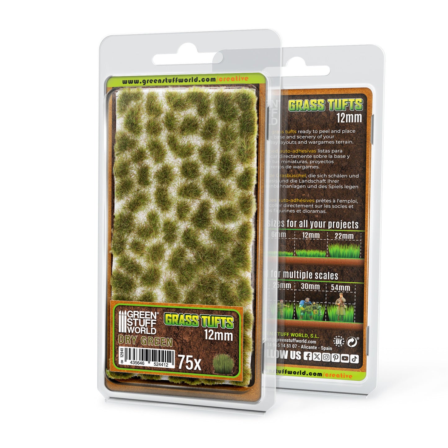 Grass Tufts 12mm Dry Green Green Stuff World - opakowanie 75 samoprzylepnych kępek trawy, widok z przodu i tyłu
