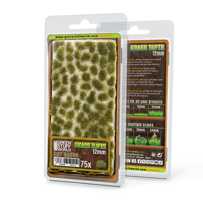 Grass Tufts 12mm Dry Green Green Stuff World - opakowanie 75 samoprzylepnych kępek trawy, widok z przodu i tyłu

