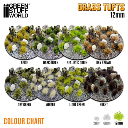 Grass Tufts 12mm Green Stuff World - paleta kolorów serii 12mm: Beige, Dark Green, Realistic Green, Dry Brown, Dry Green, Winter, Light Green, Burnt
