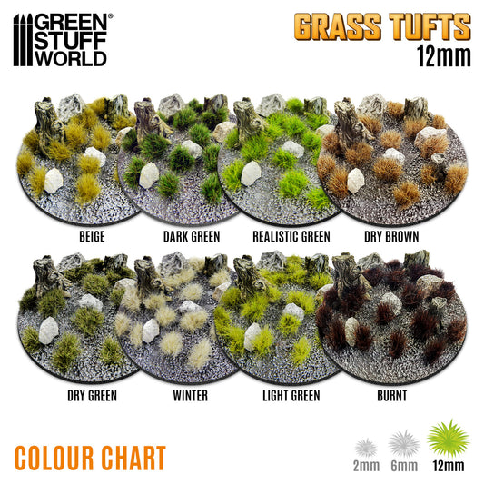 Grass Tufts 12mm Green Stuff World - paleta kolorów serii 12mm: Beige, Dark Green, Realistic Green, Dry Brown, Dry Green, Winter, Light Green, Burnt
