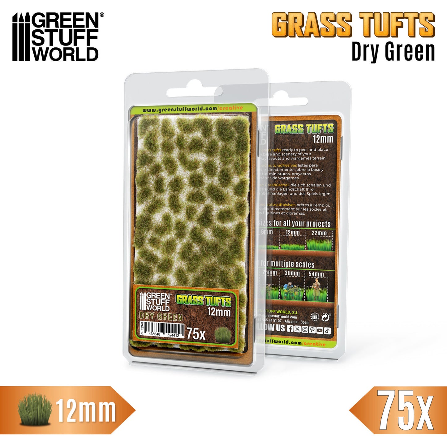 Grass Tufts 12mm Dry Green Green Stuff World - opakowanie blister 75 sztuk z opisem rozmiarów i skal
