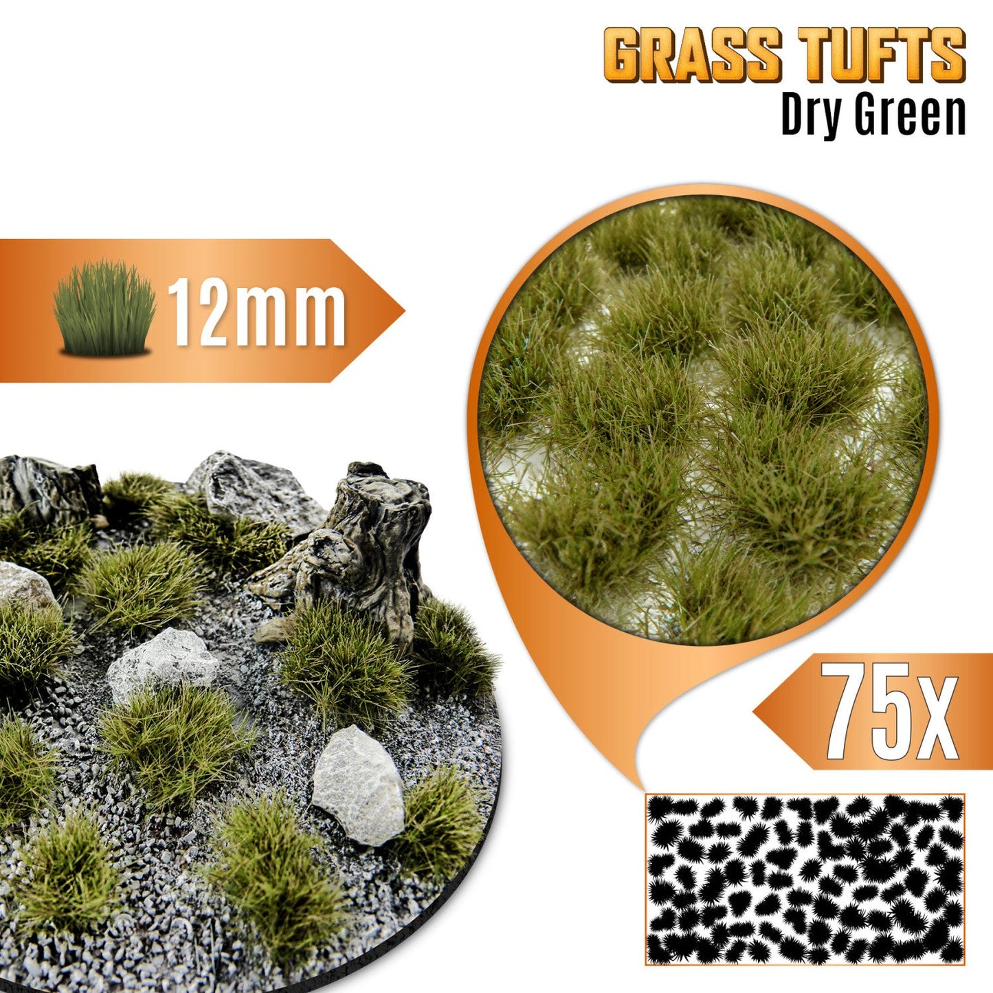 Grass Tufts 12mm Dry Green Green Stuff World - kępki trawy na dioramie z kamieniami i pniakami, efekt realistycznego terenu
