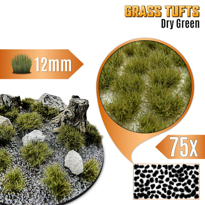 Grass Tufts 12mm Dry Green Green Stuff World - kępki trawy na dioramie z kamieniami i pniakami, efekt realistycznego terenu
