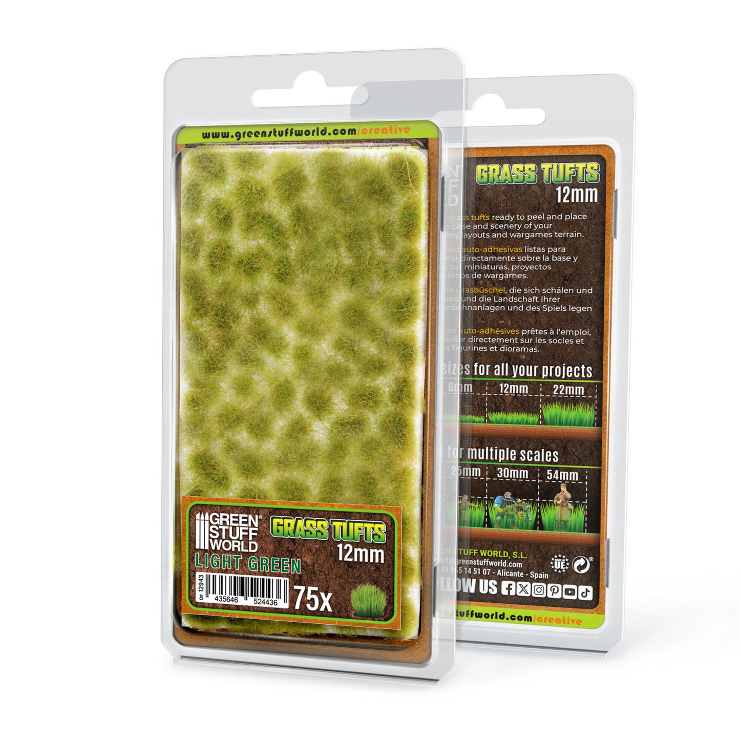 Grass Tufts 12mm Light Green Green Stuff World - opakowanie blister 75 sztuk, widok z przodu i tyłu z opisem rozmiarów 6mm 12mm 22mm i skal 25mm 30mm 54mm
