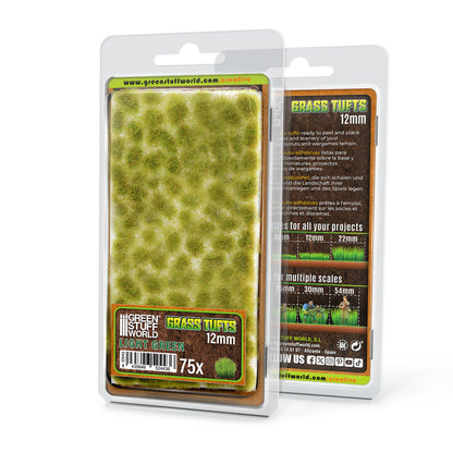 Grass Tufts 12mm Light Green Green Stuff World - opakowanie blister 75 sztuk, widok z przodu i tyłu z opisem rozmiarów 6mm 12mm 22mm i skal 25mm 30mm 54mm
