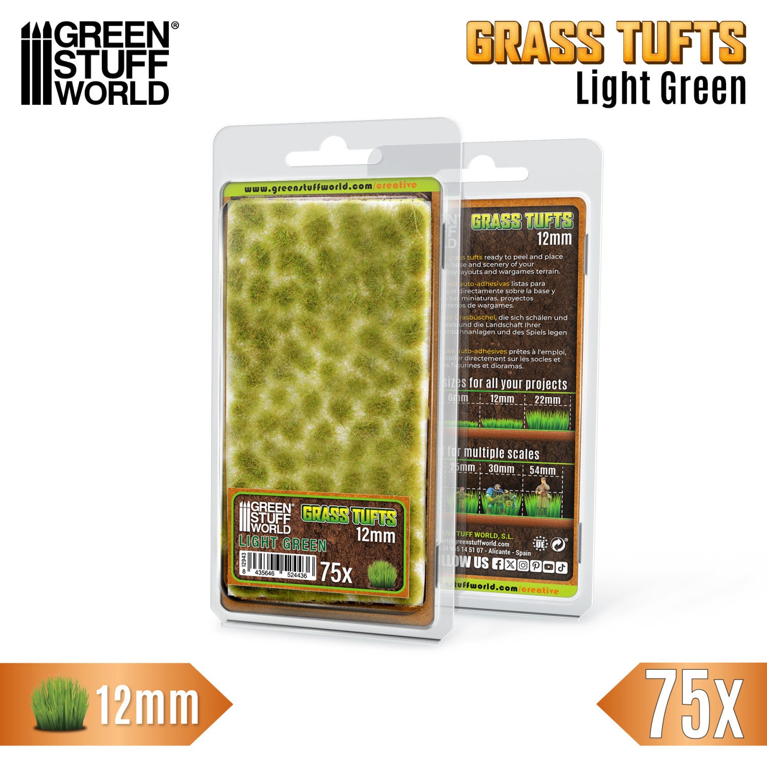 Grass Tufts 12mm Light Green Green Stuff World - opakowanie blister 75 sztuk z opisem rozmiarów 6mm 12mm 22mm i skal 25mm 30mm 54mm, widok z przodu i tyłu
